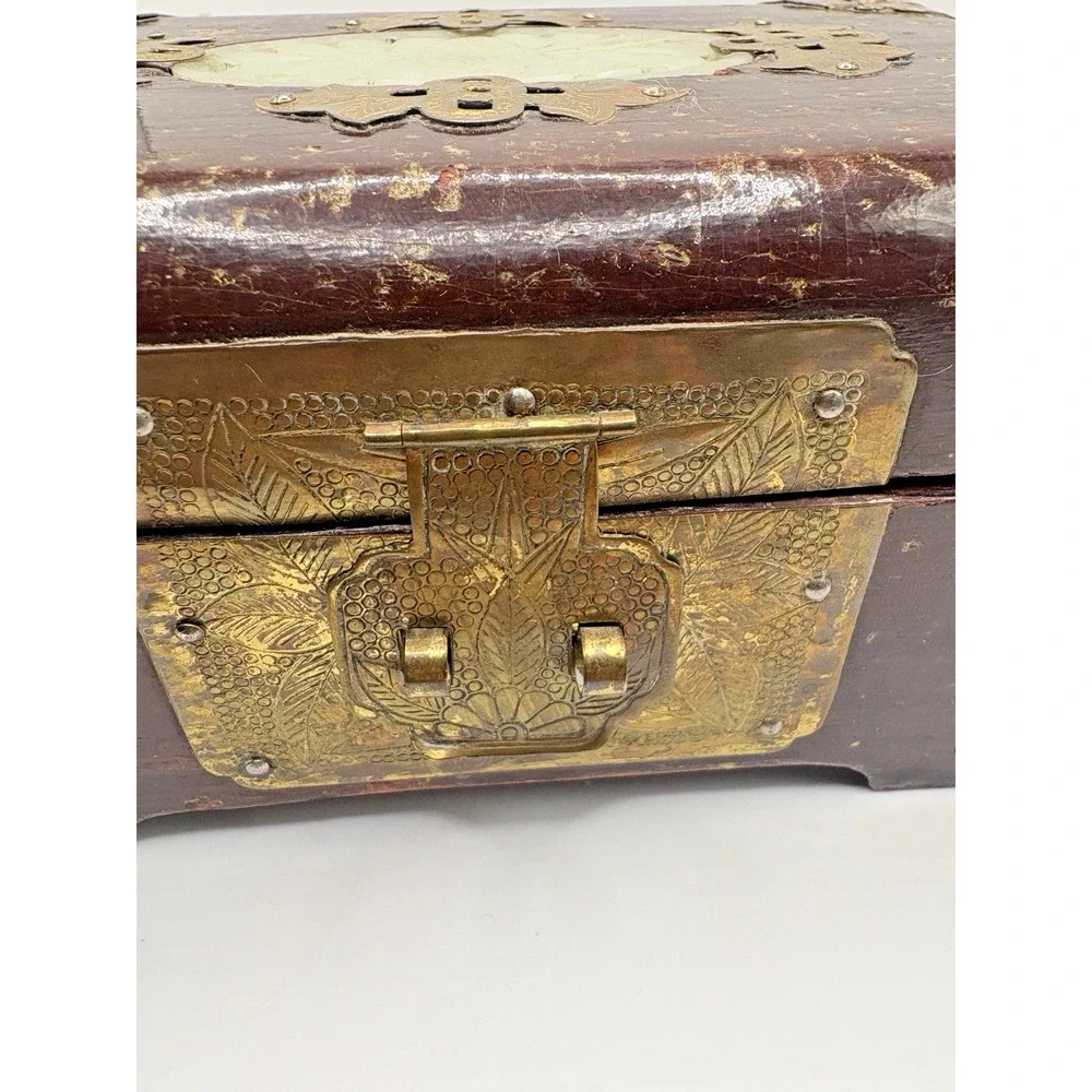 Vintage Chinese Jewelry Box Rosewood Jade Brass Fish Floral Details 6.5”x4”x3”
